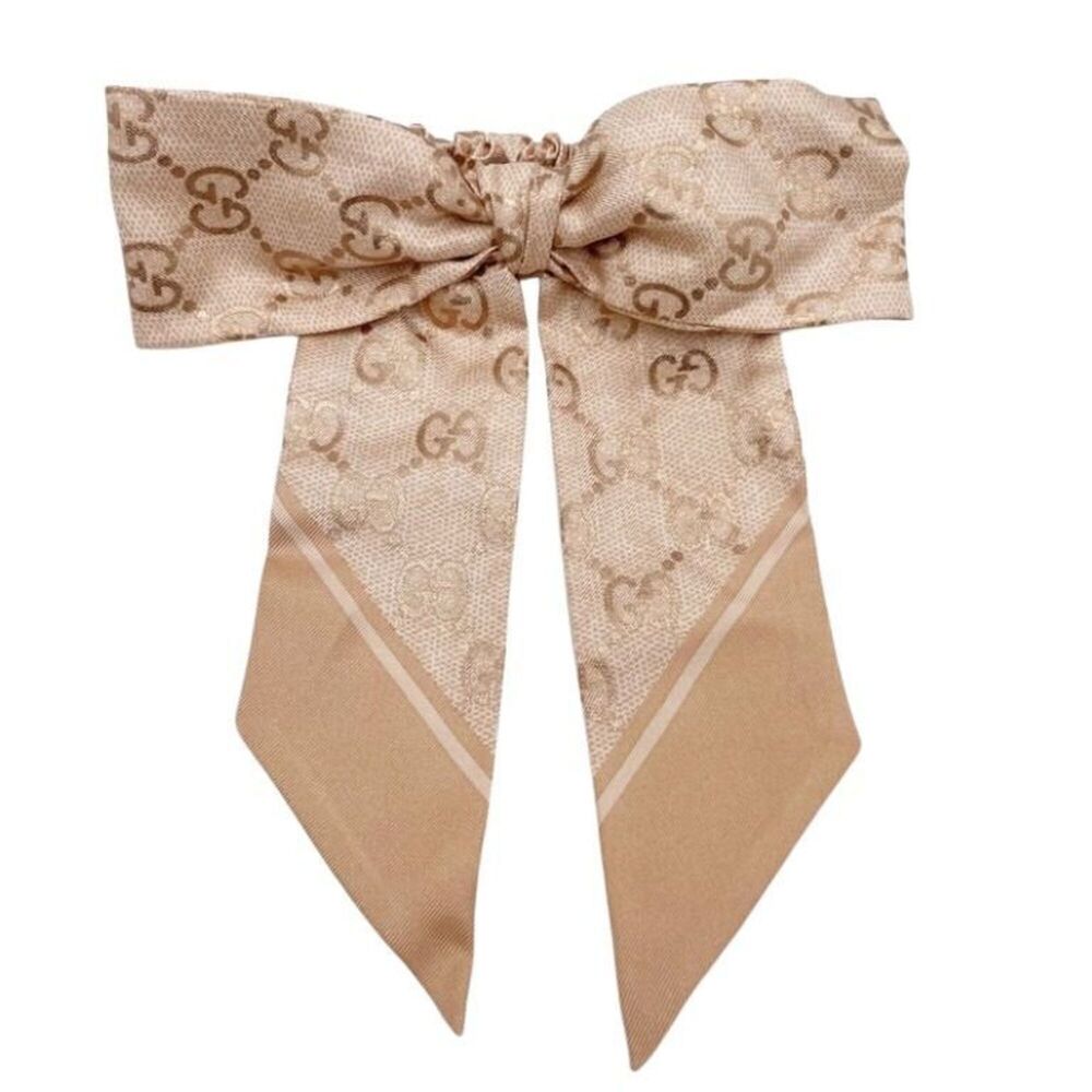 GUCCI scrunchie hair accessory 816541 Pink Beige Silk Women's Hair Tie GG Pat...
